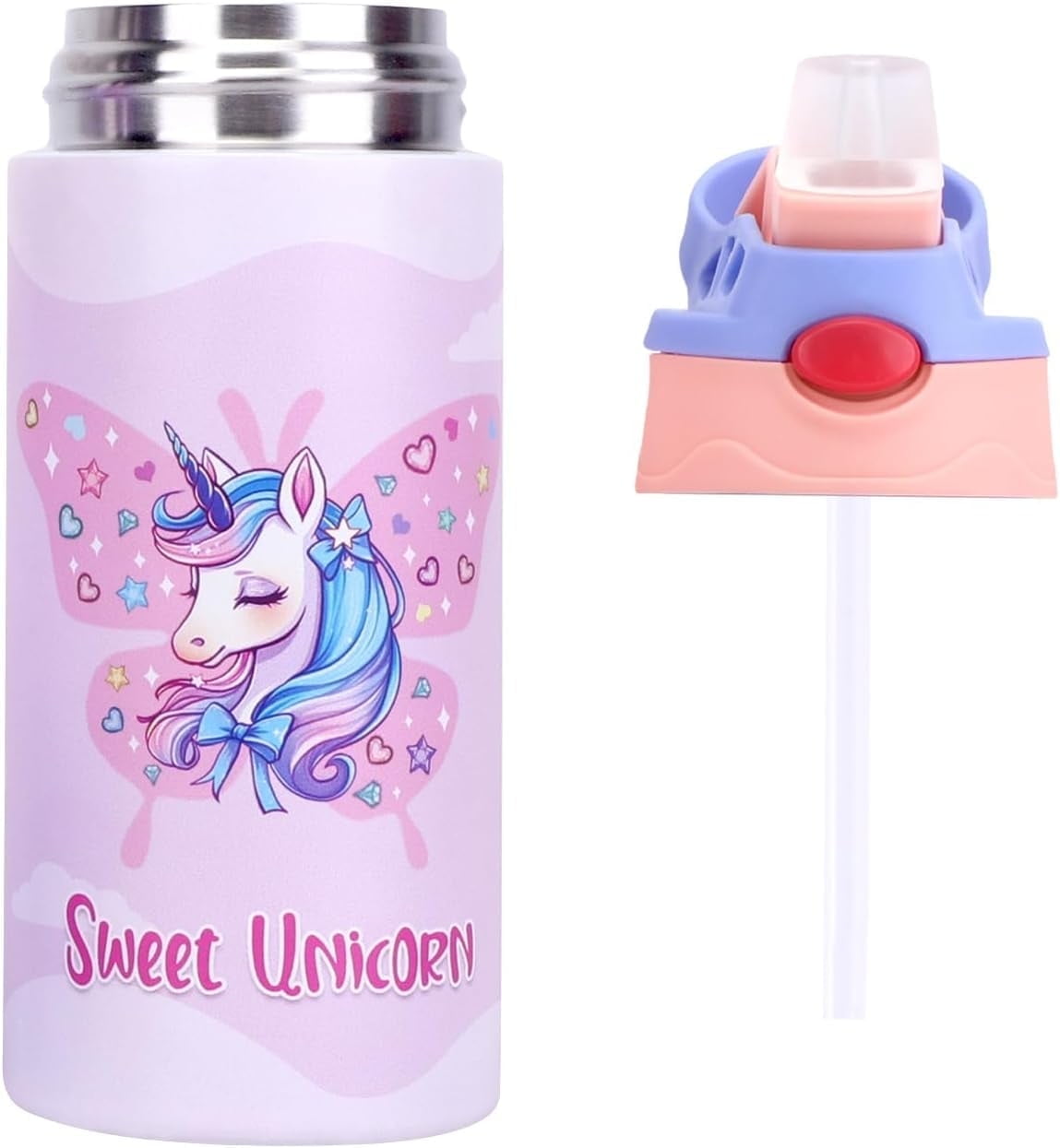 Kids Insulated Water Bottle, 360ml Stainless Steel Water Bottle, Double Wall Toddler Water Bottle, Water Bottles for Kids BPA-Free for School Boys Girls (1PCS Pink Unicorn)